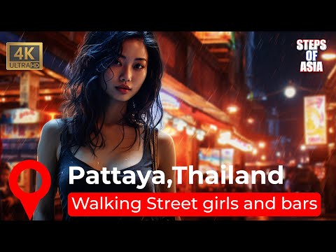 Night street with girls and bars: Walking tour of Walking Street Pattaya, Thailand 4k