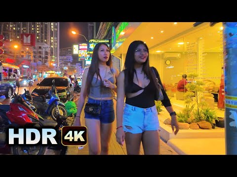 [ HDR 4K ]  Pattaya beach  Soi Buakhao Tree Town  Night Walking  –  Virtual Thailand
